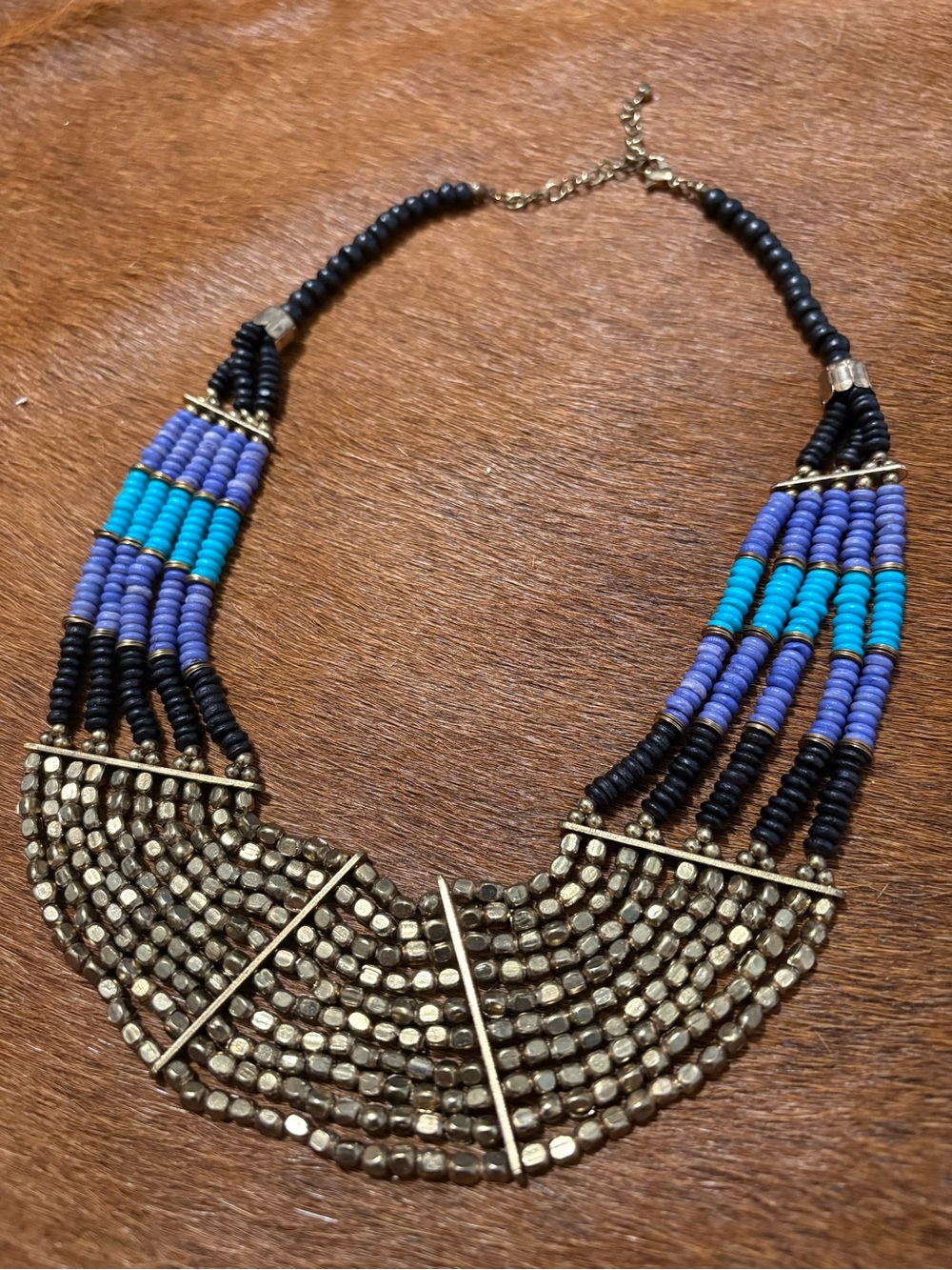 Beaded Statement Necklace - Black, Blue, Purple & Gold